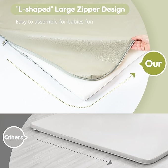 Padded Baby Play Mat, Super Soft Vegan Leather Baby Floor Play Mat, 48x48 Non-Slip Thick Foam Cushioned Play Mat for Babies 6-12 Months, Fits Nicely Into 50x50 Playpen Mat, Grayish Green