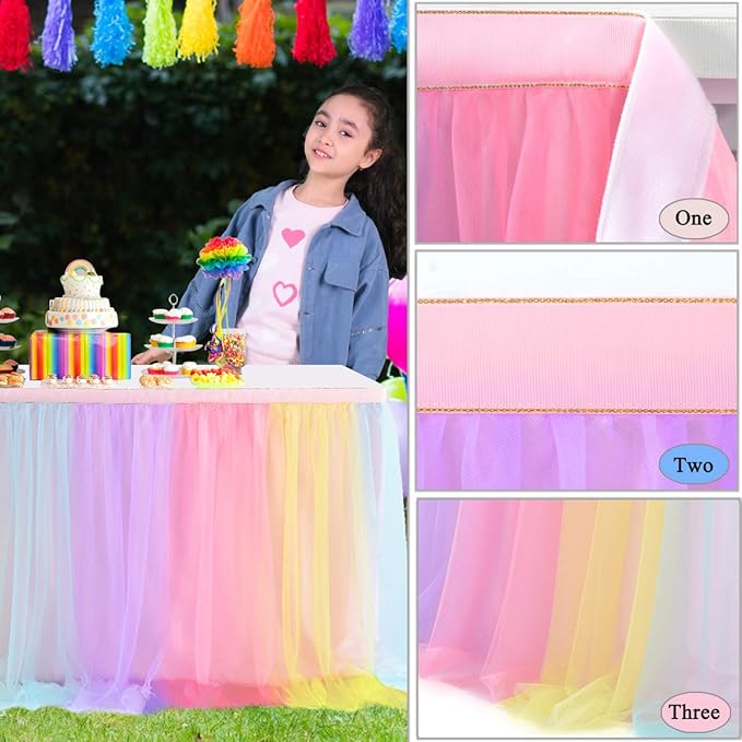 Suppromo Rainbow Table Skirt for Baby Shower Girl Birthday Party 9ft Tulle Tutu Table Skirt Decorations for Gender Reveal Unicorn Theme Party Decorations(L9(ft) H 30in, Rainbow)