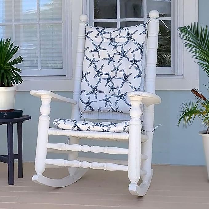 Sea Shore Starfish Navy Porch Rocker Cushions - Size X-Large - Indoor-Outdoor: Fade Resistant & Weatherproof - Latex Foam Filled Rocking Chair Seat Cushion & Backrest Pad Set - Made in USA (Blue-XL)
