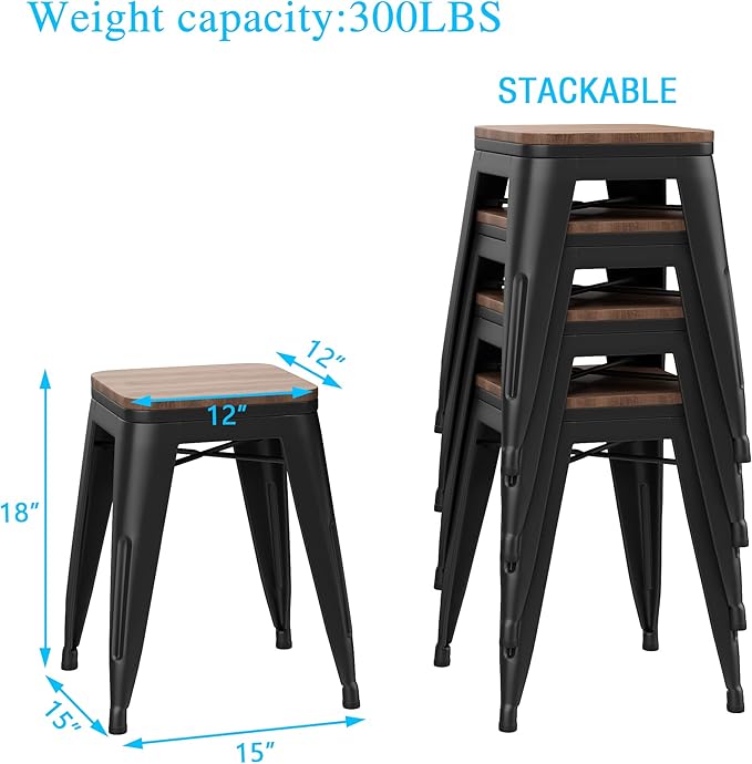 Andeworld 18 Inch Stools Set of 4,Industrial Metal Dining Chair with Wooden Seat,Short Kitchen Bar Stools Stackable Stools for School,Classroom, Matte Black
