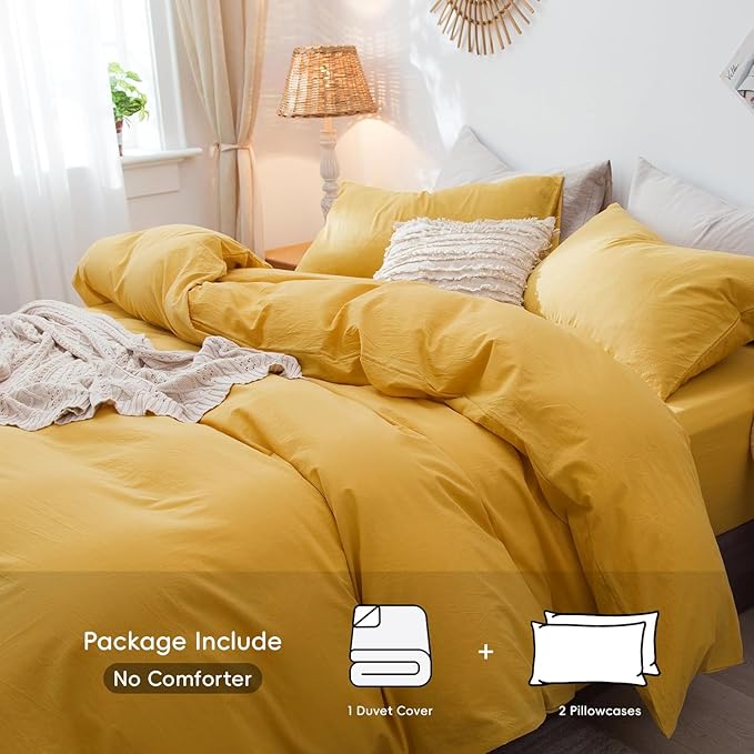 MooMee Bedding Duvet Cover Set 100% Washed Cotton Linen Like Textured Breathable Durable Soft Comfy (Solid Yellow, Full 80"x90")
