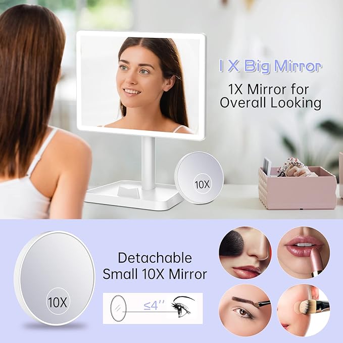 FUNTOUCH Rechargeable Makeup Vanity Mirror with Lights, Large Lighted Desk Makeup Mirror with 96 LED Lights and 10x Magnifying Mirror, 3 Color Lighting, Light up Make up Mirror with Phone Holder