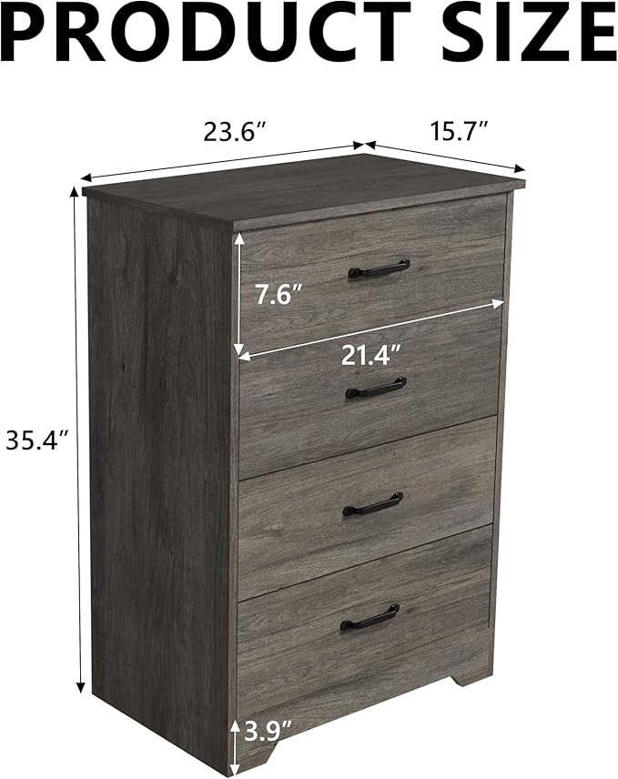 Farmhouse 4 Drawer Dresser, Small Wooden Chest of Drawers Classic White Dresser for Bedroom Living Room Entryway (Dark Gray, 4 Drawer)