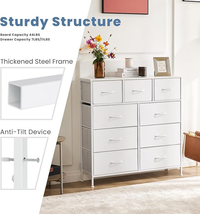 DUMOS Dresser for Bedroom, Storage Organizer with 9 Drawers, Chest of Drawers with Fabric Bins, Sturdy Metal Frame, Wood Tabletop for Guest Room, Closet, Entryway, Nursery