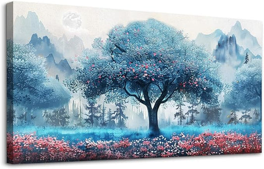 MHARTK66 Canvas Wall Art For Living Room Wall Decor For Bedroom Office Decorations Blue Tree Landscape Wall Paintings Farmhouse Pictures Artwork Room Home Decor Ready To Hang Posters 40"X20"