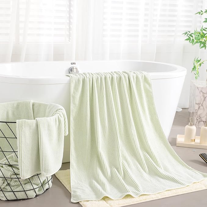 8-Piece Premium Towel Set for Bathroom|2 Oversized Large Bath Sheet,2 Hand Towels,4 Washcloths|Soft Cozy Highly Absorbent Fast Dry Microfiber Shower Towel Set for Hotel Bathroom Essentials,Green White