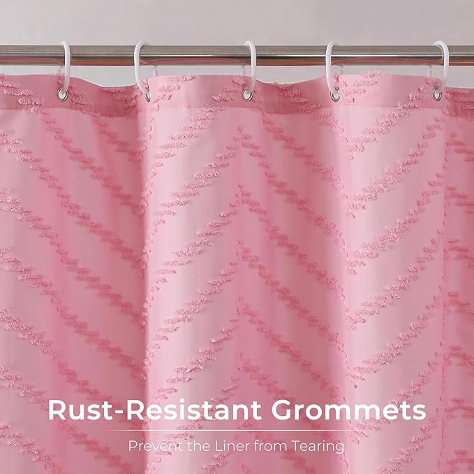 Pink Boho Shower Curtain Woven Fabric Cute Shower Curtain Textured Tufted Chevron Striped Minimalist 72 x 84 Bathroom Shower Curtains