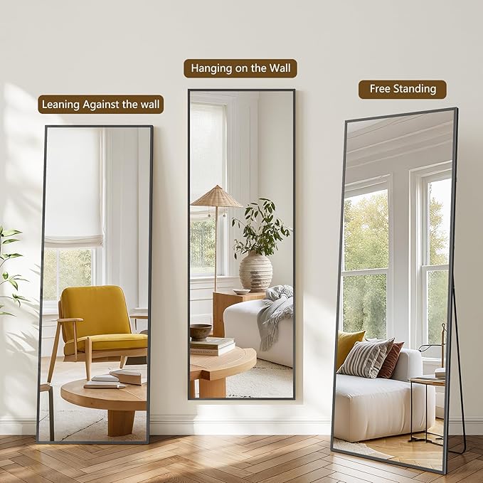 Koonmi Large Mirrors, 64"x21" Full Length Mirror with Stand, Full Body Mirror with Aluminum Alloy Frame, Hanging or Leaning Against Wall Floor Standing Mirrors for Bedroom Living Room, Black
