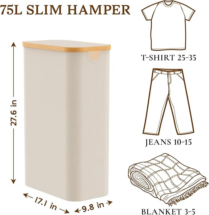 Laundry Basket with Lid, Narrow Laundry Hamper with Removable Bag, Travel Dirty Clothes Basket with Bamboo Handles for Bathroom, Bedroom & Laundry Room, 75L Beige