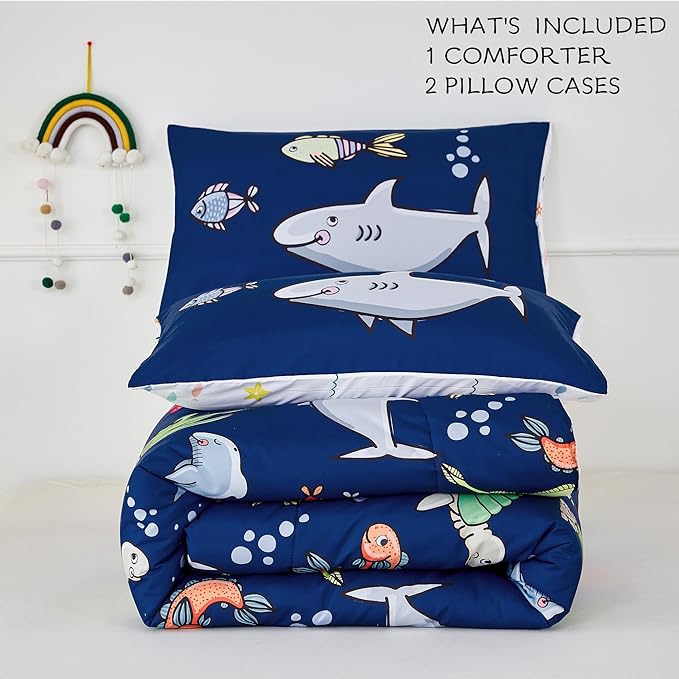 RYNGHIPY Kids Bedding Set for Full Bed Reversible Ocean Animals Print Comforter Set for Boys Girls Easy-Wash Super Soft Microfiber Bed Set (Navy Ocean,Full)