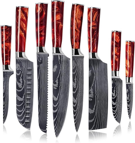 SENKEN 8-piece Japanese Kitchen Knife Set with Red Resin Handle and Laser Damascus Pattern - Crimson Collection - Chef's Knife, Santoku Knife, Paring Knife, & More - Ultra Sharp for Very Fast Cutting