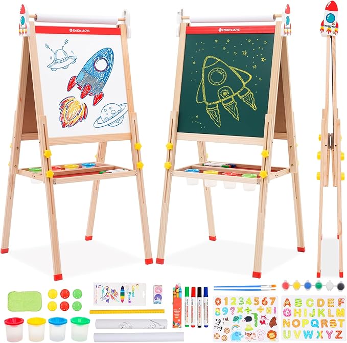 Wooden Art Easel for Kids Ages 2-12,Double-Sided Chalkboard & Whiteboard with Paper Roll,Folding Storage Tray,Gift for Boys & Girls