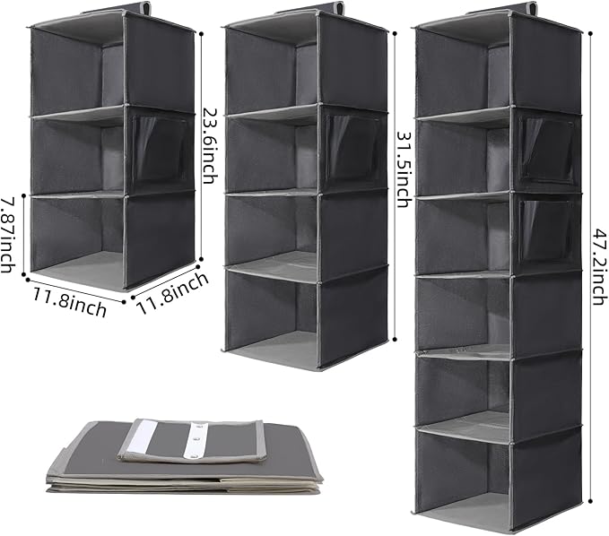 2 Packs Hanging Closet Organizer Storage, 6-Shelf Hanging Shelves for Closet, Closet Clothes Organizer and Storage with Side Pockets, Grey