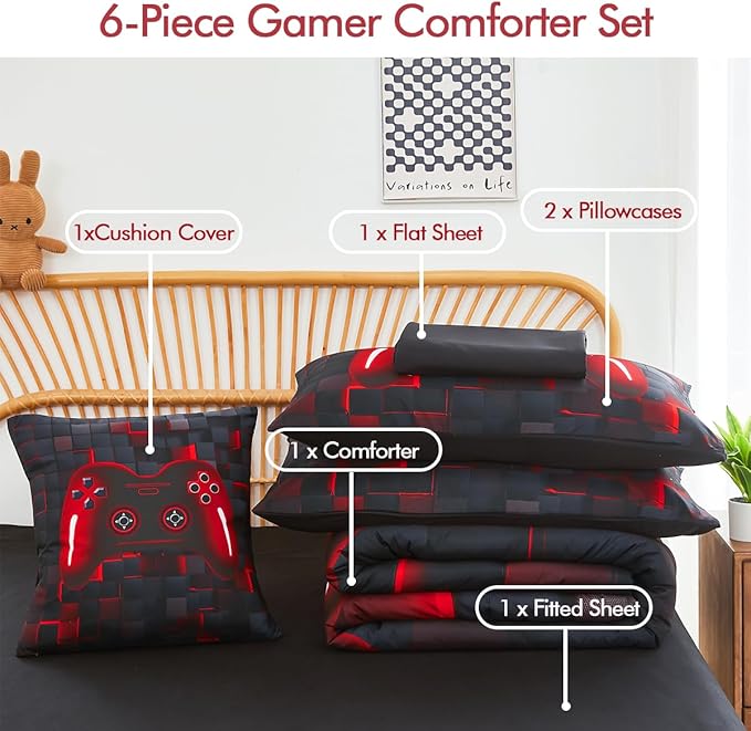 PERFEMET Boys Bedding Set Twin Size 6-Piece Game Console Comforter Set for Kids Teen 3D Black and Red Gamepad Gaming Bed in a Bag Matching Sheet Set(Red, Twin)