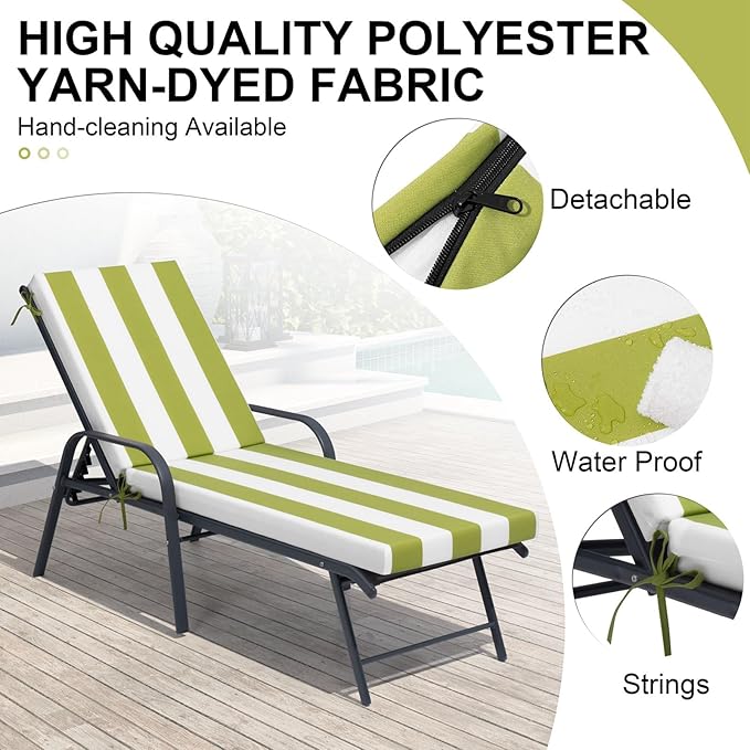 Crestlive Products Chaise Lounge Cushions Set of 2, Outdoor Cushions for Patio Furniture, Water Resistant Lounge Chair Cushion for Pool, Deck, Lawn, 72''L x 21''W, Green White Stripe