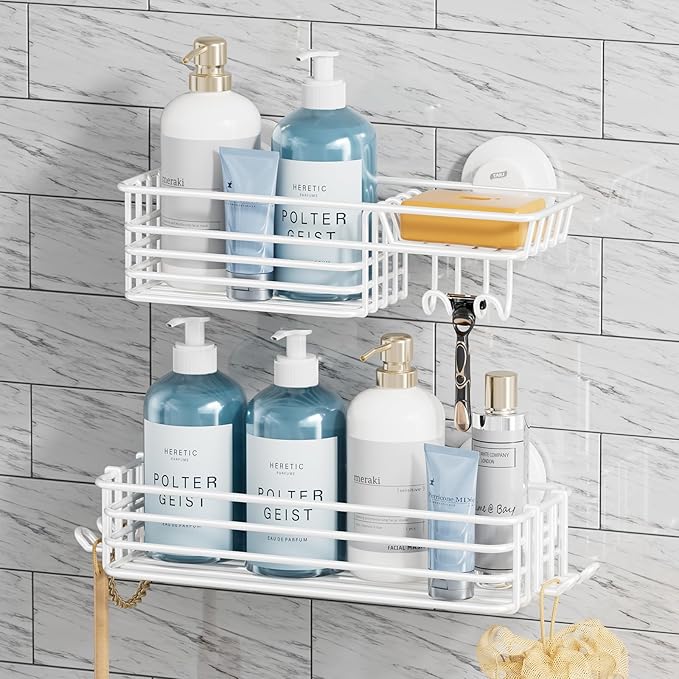 TAILI Shower Caddy Suction Cup 2 Pack with Hooks & Soap Holder, Heavy Duty Shower Organizer for Bathroom, No Drilling Bathroom Organizer with Large Capacity, Metal Storage Basket-White