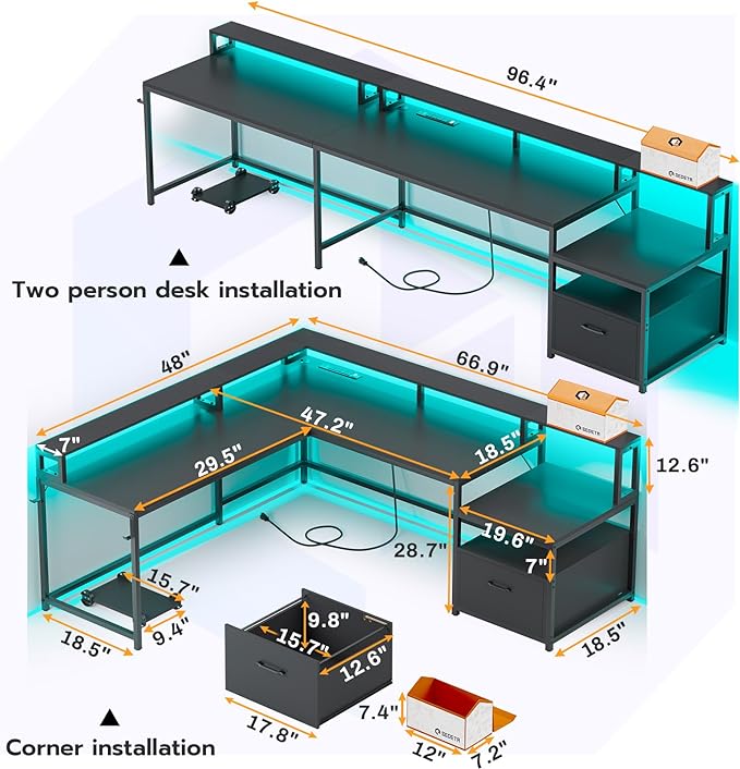 SEDETA L Shaped Gaming Desk, 66" Home Office Desk with File Drawer & Power Outlet, Corner Gaming Computer Desk with Led Lights, Monitor Shelf and Printer Storage Shelves, Two Person Desk, Black
