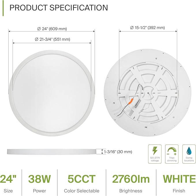 ASD LED 24" Round Flush Mount Ceiling Light Fixture, Low Profile Surface Lighting | 5CCT, Dimmable, Ultra-Thin, ETL Listed | 38W 2700LM 2700-6000K 100-277V | Kitchen, Bedroom, Hallway Lamp | White
