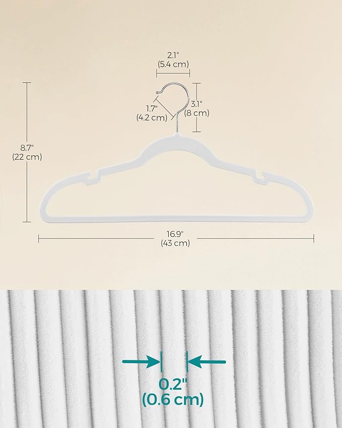 SONGMICS Velvet Hangers 60 Pack, Non-Slip Clothes Hangers, Suit Hangers with Shoulder Notches, Pants Bar, 360° Swivel Hook, Space-Saving, for Closet, Cloud White UCRF030W01