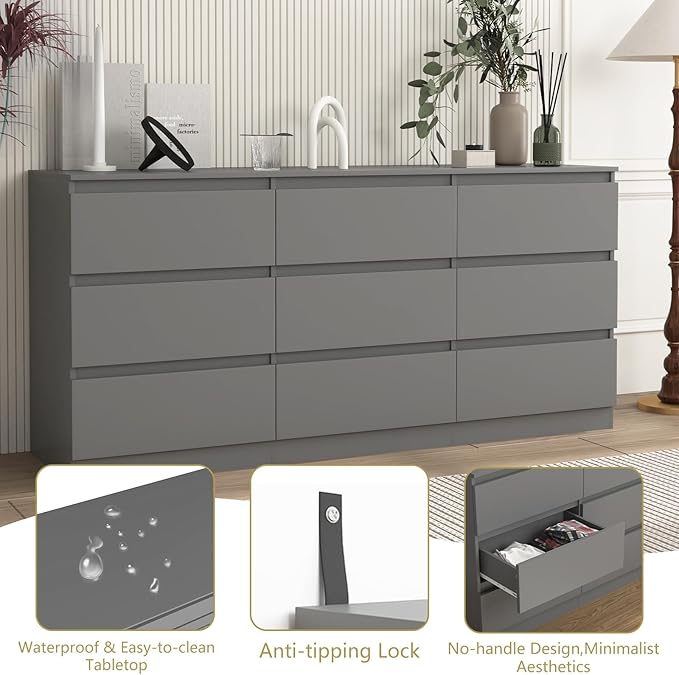 Grey Dresser for Bedroom,Modern Large 9 Drawer Dresser with Deep Drawer,Wide Storage Chest of Drawer,Wood Bedroom Storage Organizer Furniture,TV Stand for Living Room