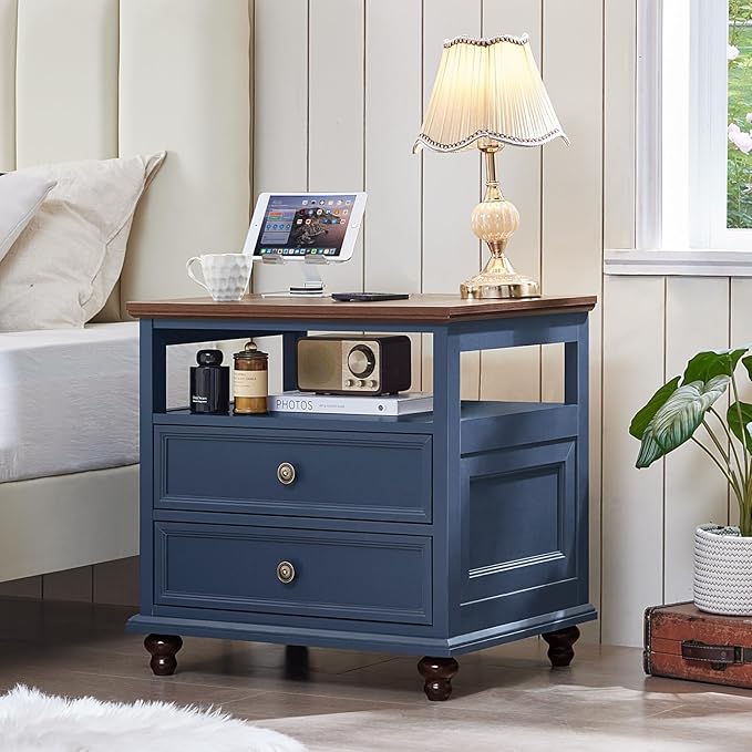 24" Wide Farmhouse Night Stand,Large End Table with 2 Drawers & Metal Handle,Wood Dresser for Bedroom, Blue Bed Side Table Chest of Drawers Cabinet,Nightstand for Living Room,Closet