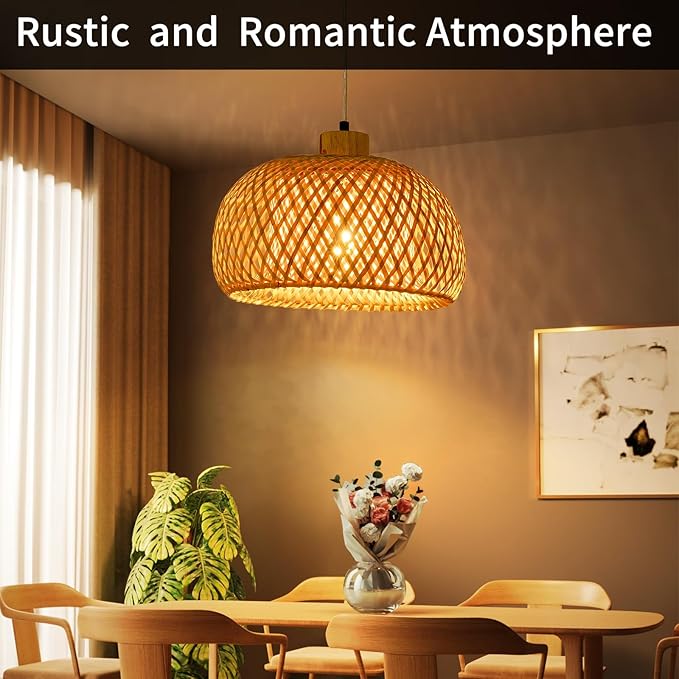 18inch Bamboo Rattan Pendant Light, Hand-Woven Wicker Boho Hanging Ceiling Light Fixture, Beige Pendant Lamp Rustic Farmhouse Chandelier for Kitchen Island, Dining Room, Bedroom, Living Room