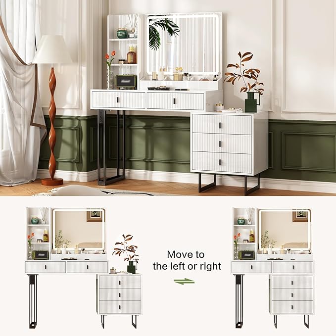 Large Vanity Desk with 3 Color Touch Screen Dimming Mirror, Vanity Desk with Charging Station, Modern Retractable Makeup Dressing Table, Vanity Table With storage shelves and 5 Sliding Drawers, White