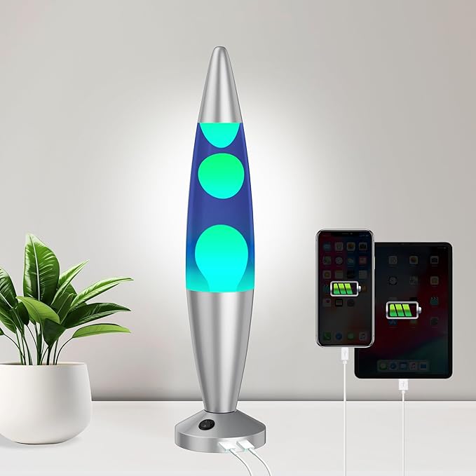 JAMBO Beautiful Liquid Lamp with USB Ports, 16" Motion Light with Blue Liquid Yellow Wax, Relaxing Nightlight, Mood Light for Bedroom, Living Room, Office - Adults, Teens, Kids