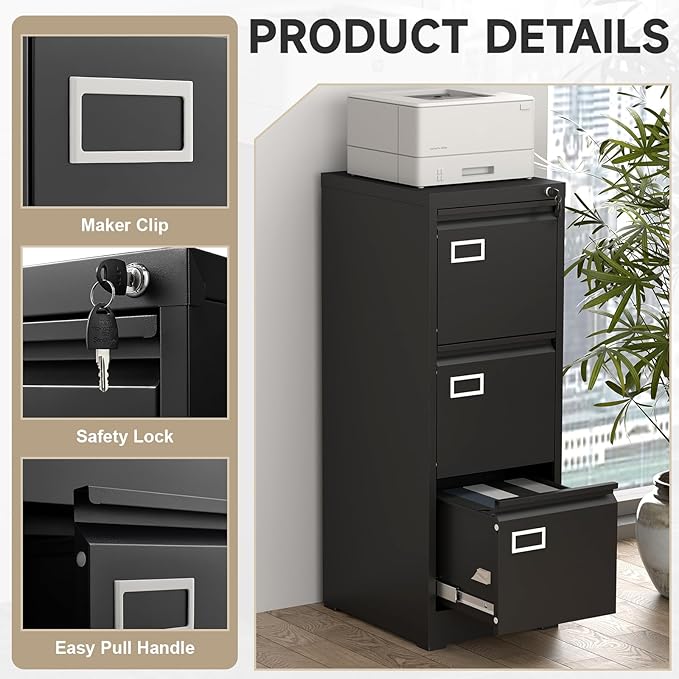 3 Drawer File Cabinet with Lock, Vertical Metal File Cabinets,Black Filing Cabinets for Home Office Fit Letter/A4/Legal Size File, Assembly Required