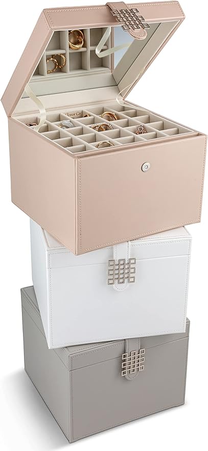 Earring Organizer Holder - 75 Small & 4 Large Slots Classic Jewelry Box with Drawer & Modern Closure, Mirror, 4 Trays Earrings, Ring or Chain Storage - PU Leather Case - White
