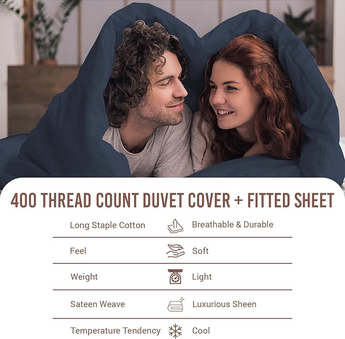 Pizuna 100% Cotton King 3 Pc Duvet Cover + 1 Pc Fitted Sheet Set 400 Thread Count Dark Blue Sateen Weave Luxurious Long Staple Cotton 4 Piece Bedding Set -1 Duvet Cover, 2 Pillow Shams, 1 Fitted Sheet