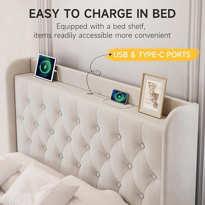koorlian Full Size Bed Frame, Full Bed Frame with Headboard, Adjustable Velvet Upholstered Bed Frame with Type-C&USB Port, Wingback Storage Headboard, Solid Wood Slats Support, Noiseless, Beige