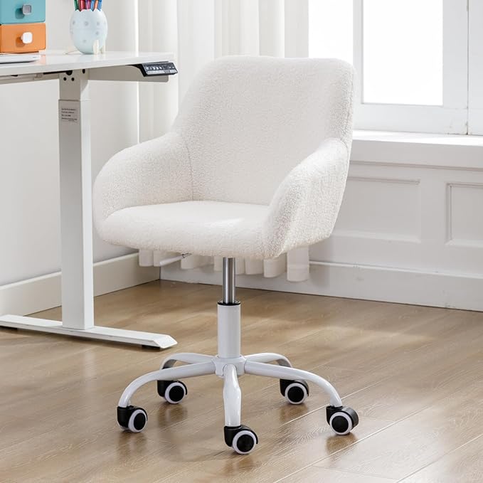 Kids Desk Chair Faux Fur Upholstered Swivel Reading Chair, Cute Adjustable Study Chair with White Wheels for Reading Room Bedroom, White