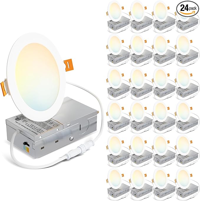 LVWIT 24 Pack LED Recessed Lighting 4 Inch with Junction Box, 5CCT Dimmable LED Downlight, 9W Ultra-Thin Modern Ceiling Light, 2700/3000/3500/4000/5000K Selectable Can Lights, Smooth Trim