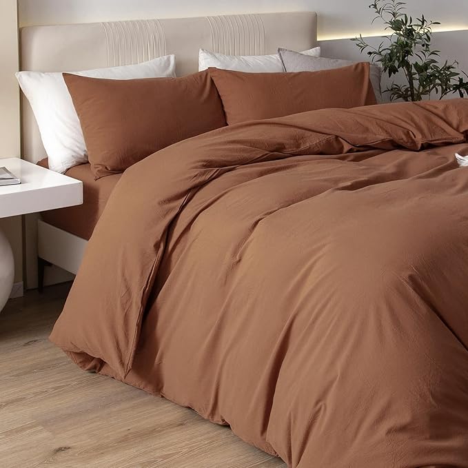 JIYUAN 100% Washed Cotton Duvet Cover Set 3 Pieces Super King, 1 Duvet Cover 108x98 Inches(Comforter Not Included) and 2 Pillowcases,Linen Feel Bedding Set Comfy and Breathable,Burnt Orange