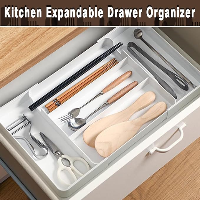 Expandable cutlery drawer organizer, silverware drawer organizer, freely adjustable large kitchen utensil tray with partitions, large adjustable plastic cutlery tray for knives, forks, spoons, white