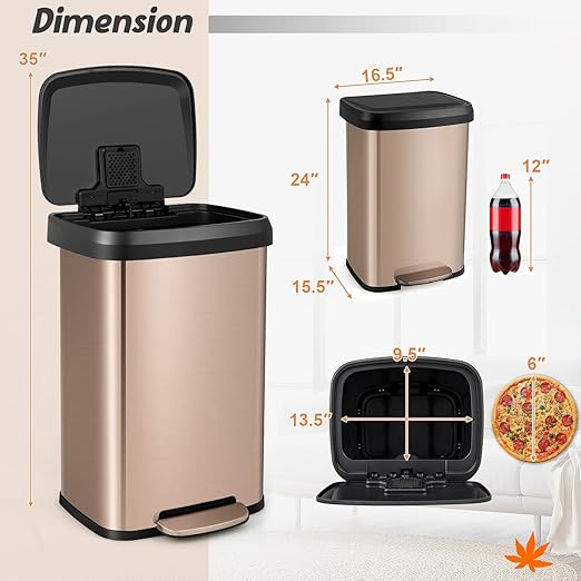 S AFSTAR 13.2 Gallon Step Trash Can, Stainless Steel Garbage Bin with Soft Close Lid & Deodorizer Compartment, Fingerprint-Proof Trash Bin, Step-On Trashcan for Home Office Kitchen, Rose (Golden)