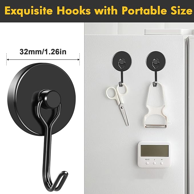 MIKEDE Strong Magnetic Hooks, 110LB Swivel Magnetic Hooks Cruise, Black Neodymium Magnet Hooks Heavy Duty for Hanging, Grill, Cruise Cabins, Refrigerator, Grill, Kitchen, Locker - Pack of 12