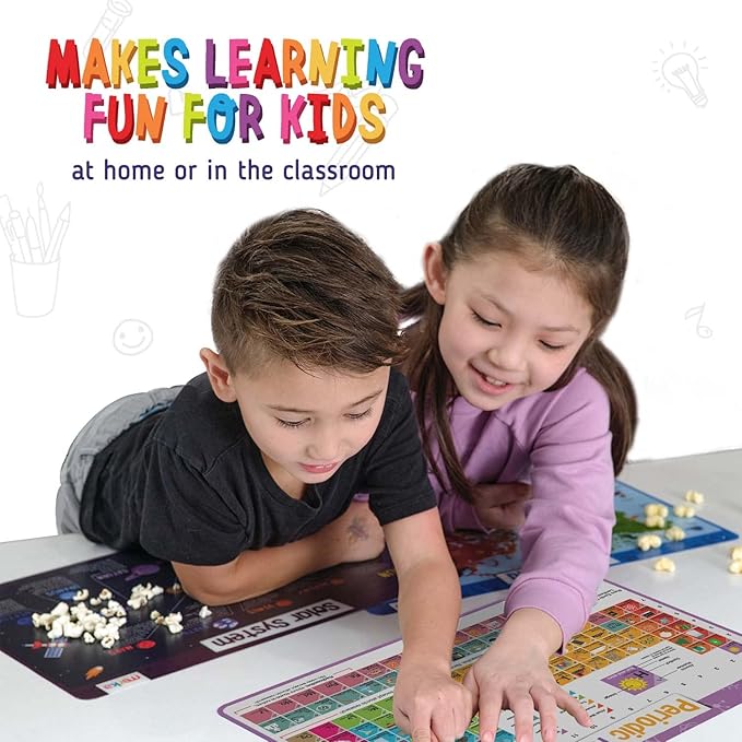 merka Placemats for Kids, 4 Pack Educational Placemat Mat for Dining Table, Non Slip, Washable Reusable, Learning US Presidents, Famous People, Periodic Table of Elements & USA Map v2