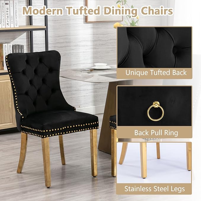 Goujxcy 5 Piece Glass Dining Table Set Modern Small Glass Dining Table Set for 4, 35.43" Square Kitchen Table and 4 Velvet Upholstered Chairs for Kitchen Dining Room, Gold & Black