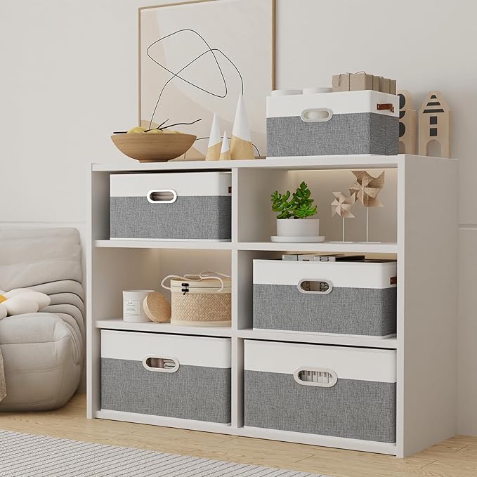 Yawinhe Foldable Storage Baskets for Shelves, Fabric Closet Organizers, Bins with 3 Handles, Cubes for Clothes, White/Grey, 15''Lx9.8''Wx8.3''H, 2-Pack