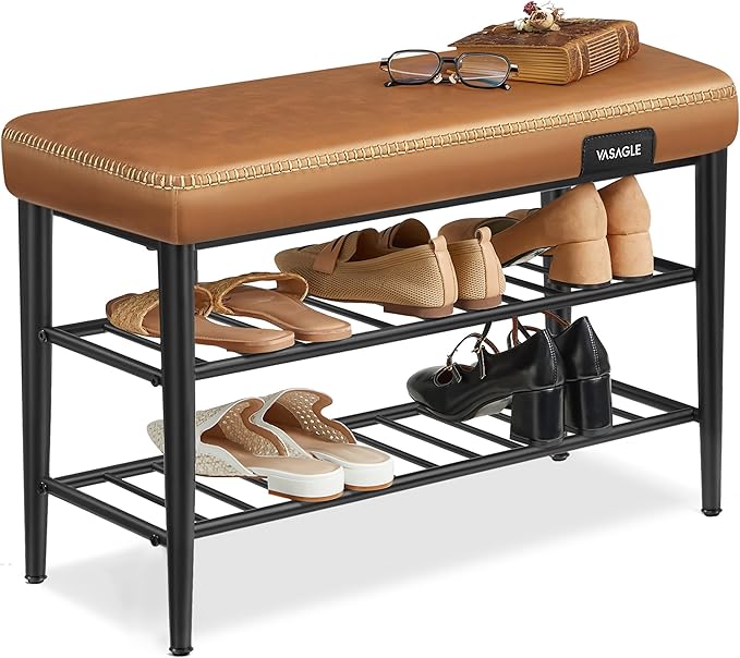 VASAGLE EKHO Collection - Shoe Rack Bench, Storage Bench for Entryway, Synthetic Leather with Stitching, Mid-Century Modern, Loads 300 lb, 11.8 x 31.5 x 19.7 Inches, Caramel Brown ULSB054K01