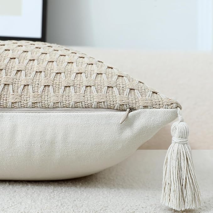 sykting Boho Outdoor Lumbar Pillow Covers 12x20 Set of 2 Thick Woven Neutral Beige Throw Pillow Covers with Tassels for Couch Sofa Living Room