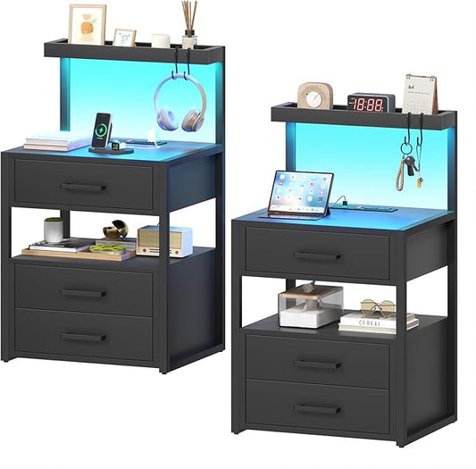 AOGLLATI Nightstand Set of 2 with Charging Station and LED Lights, Bedside Table with 3 Drawers and Open Storage Shelves, 2 USB Ports and 2 AC Outlets, LED Night Stand for Bedroom, 2 Pack, Black