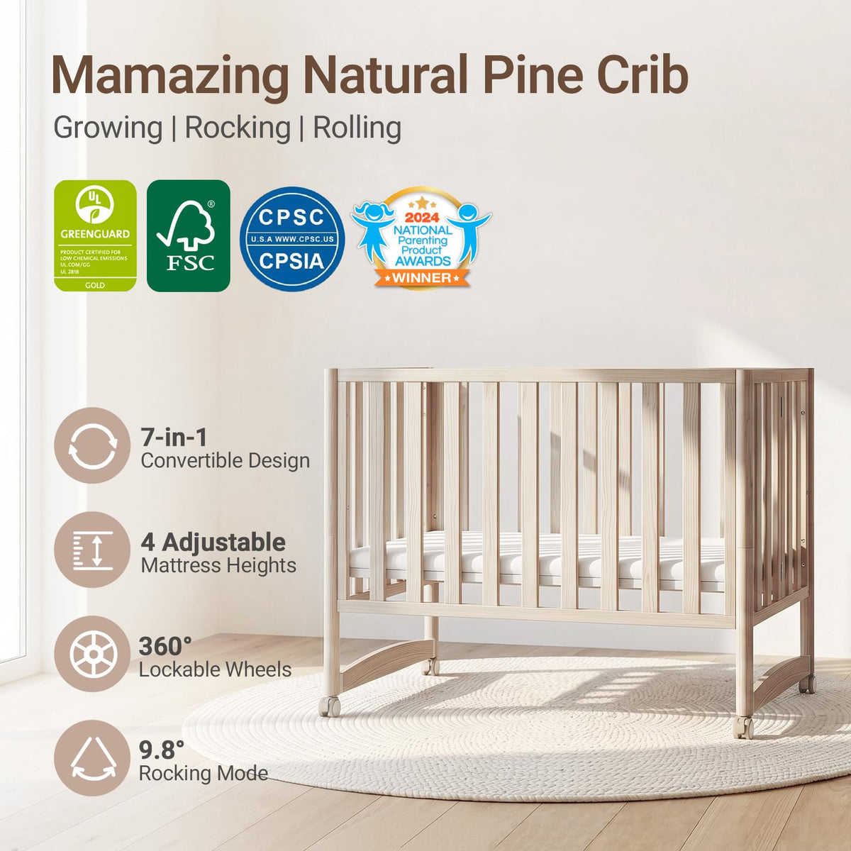 MAMAZING EvoNook 7-in-1 Convertible Baby Mini Crib with Wheels