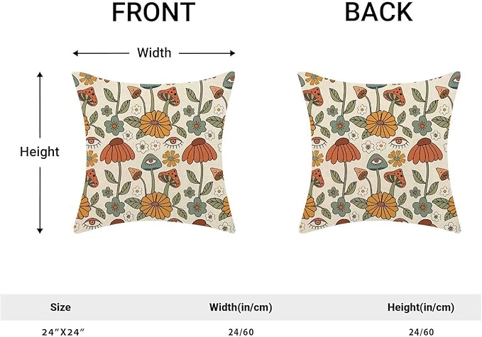 BETGINY Boho Throw Pillow Covers 24 x 24 Inch Set of 2, Yellow Orange Fun Cute Mushrooms Retro Decorative Outdoor Pillow Covers 70s Vintage Floral Linen Farmhouse for Couch Sofa Summer Home Decor