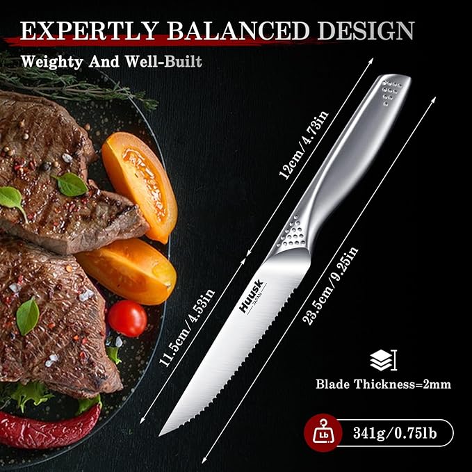 Huusk Serrated Steak Knives Set, 4.5" Japanese Stainless Steel Steak Knives Set of 4, Sharp Dishwasher Safe Dinner Knife for Kitchen Table with Gift Box