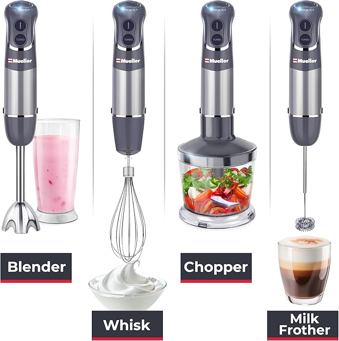 Mueller Multistick 5-in-1 Immersion Blender Handheld, 12 Speed Hand Mixer - Turbo Boost, Heaviest Duty Copper Motor, Titanium Blades Hand Blender, Milk Frother Wand, Whisk, Beaker, Chopper, Grey