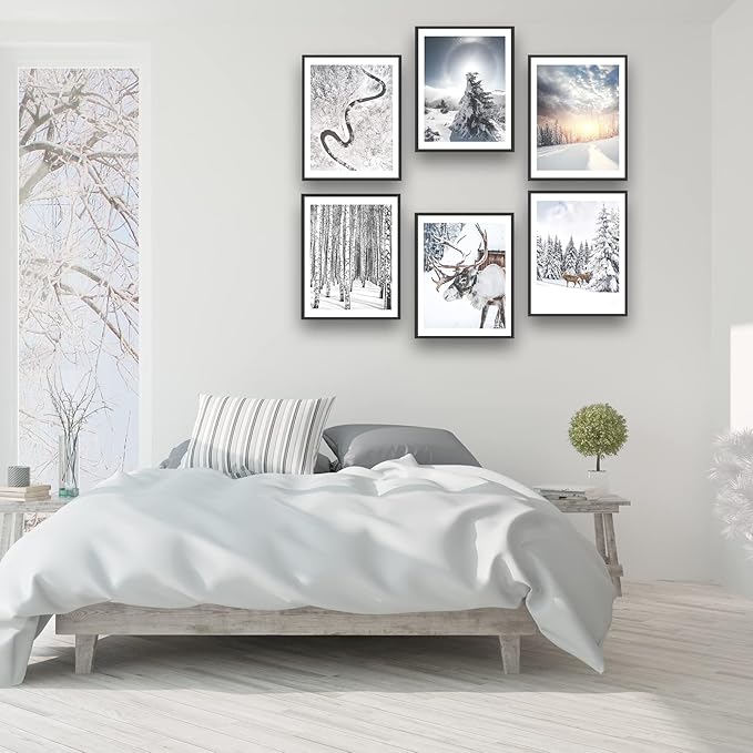 HoozGee Winter Wall Art Prints Set of 6 Canvas Print Artwork Sun Poster Ice Lake Snow Forest Frost Deer Pictures Photography Photo Bedroom Art Wall Decor (8"x10" UNFRAMED, Winter Art)