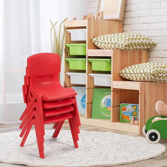 Costzon Plastic Stackable School Chairs, 4 Pack, Kids Learning Chairs with 11 inch Seat Height, Carrying Handle, Waterproof Children Chairs for Playrooms, Schools, Daycares and Home (4 Pack, Red)